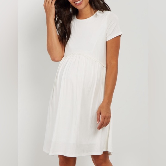 PinkBlush Ivory Solid Crochet Trim Maternity Shift Dress - Picture 1 of 4